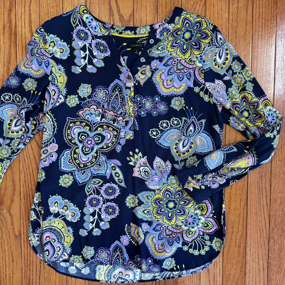 Talbots Rayon Floral Paisley Popover Tunic Blue Pink Yellow - Women's Small